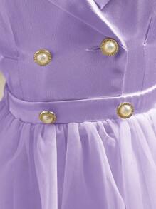 SHEIN Babygirl Summer Cute Satin Purple Short Sleeve Dress & Mesh Skirt Set - Mauve Purple - View 5