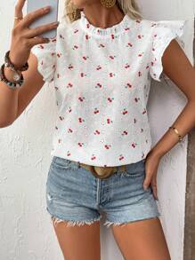 EMERY ROSE Áo kiểu nữ mùa xuân/hè thêu rỗng, in hình quả anh đào, cổ tròn, tay ngắn xếp ly. - trắng - Xem 4