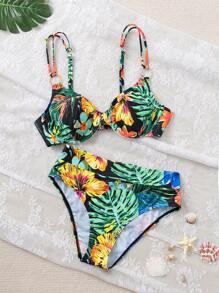 SHEIN Swim Tropical Print Soft Cup Bikini Set, Beach Vacation