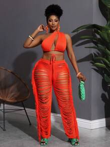 Slaydiva 2025 New Arrival Holiday Vacation Simple Hollow Out Solid Color Tie Front Top + Tassel High Waist Pants Knit 2Pcs Suit For Women, Spring/Summer - Orange - View 11