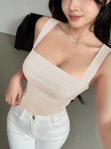 DAZY Women's Sexy Minimalist Casual Sleeveless Tank Top With Ruched Chest Design, Summer - Beige - View 6