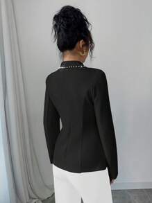 Elenzga 1pc Women's Pearl Decor Shawl Neck Fitted Blazer, Suitable For Daily Commute - Black - View 2