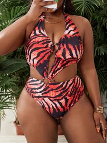 Slaydiva Plus Size Women's Halter Tie Hollow Tiger Pattern One Piece Sexy Swimsuit - Multicolor - View 6