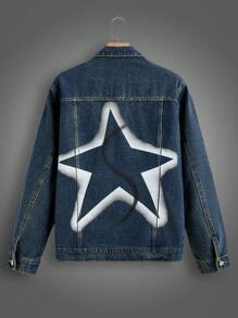 Manfinity Homme Men's Relaxed Fit Distressed Denim Jacket With Star Graffiti Print - Dark Wash - View 2