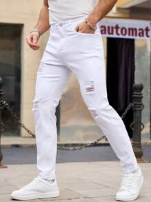 RivetRise Men's Distressed White Denim Jeans, Minimalist And Fashion, Suitable For Summer