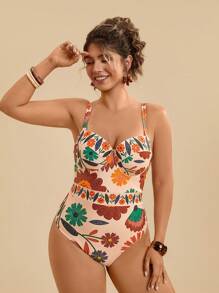 Travachic Plus Size Floral Print Spaghetti Strap One Piece Swimwear Set With Tied Bow Long Swimwear Cover Up For Women, Vacation Casual Beach Style Country Concert Outfit