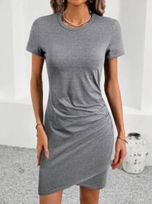 SHEIN LUNE Summer Music Festival Black Short Sleeve Bodycon Mini Dress For Women - Grey - View 5