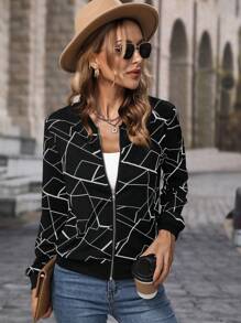 EMERY ROSE Lightweight Geometric Print Casual Jacket, Spring/Autumn Fall Winter Cloth For Women - Black - View 6