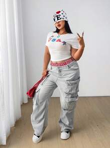 Flirla Plus Size Embroidered Short Sleeve Round Neck Slim Fit Casual T-Shirt, Summer