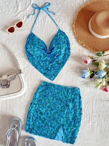 Soleia أزياء صيفية للنساء، طقم من قطعتين للنساء، أزياء عطلة النساء، عيد الفصح، أزياء شاطئية للنساء، ملابس غربية للنساء، أزياء عيد ميلاد للنساء، أزياء حفلات موسيقية للنساء، أزياء مهرجانات راف، طقم قطعتين للنساء من توب حلاقي بترتر أزرق وتنورة قصيرة شقوق في الخصر، أزياء مهرجانات موسيقية