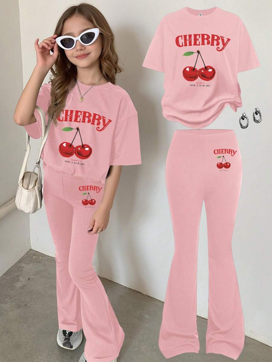 SHEIN Leap Crew 2pcs Tween Girls Casual Simple Letter & Cherry Print Short Sleeve T-Shirt And Long Pants Set, Suitable For Summer - Pink - View 1