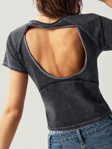 Bohemela Boho Women Open Back Solid Knitted Boat Neck Short Sleeve Fitted Cropped T-Shirt, Spring/Summer - Black - View 1