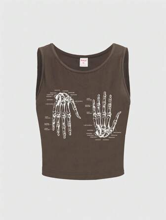 Academia Camiseta de tirantes informal para mujer con impresión de calavera y letras a mano