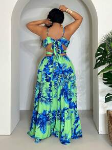 Slaydiva 女式夏季度假性感露背花卉印花长裙，可调节腰带 - 彩色 - 查看 3