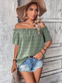 SHEIN LUNE 女士纯色露肩休闲衬衫，休闲款 - 綠色 - 查看 3