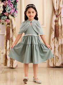 SHEIN 2pcs/Set Young Girl Gorgeous Princess Dress With Shiny Mesh Cape, Bow Waist Belt, Luxury High-End Summer Cover-Up