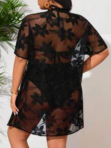 Swim Vcay فستان بحر لحجم إضافي للنساء قطعة واحدة مع أكمام قصيرة مع تصميم جاكار مطرز بالدانتيل، يناسب الأجازات والأيام العادية - الأسود - مشاهدة 2