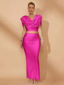 Lumalex Bộ thời trang mùa đông xuân ngày lễ tình nhân tiệc cưới 2 món cho nữ: Áo cánh nhún vai có cổ chữ V sâu và chân váy maxi ôm sát - Màu Hồng Tươi - Xem 5