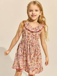 SHEIN Robe élégante à volants et imprimé rose en mousseline de soie pour jeunes filles, printemps/été - Multicolore - Voir 5