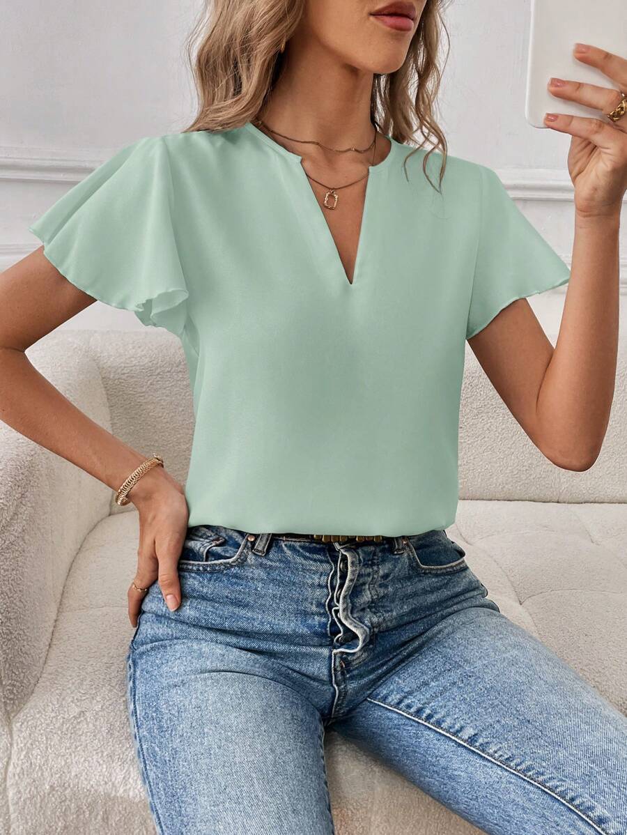 SHEIN Essnce Áo sơ mi công sở cổ khoét màu trơn đơn giản cho nữ - Màu xanh Bạc hà - Xem 1