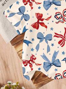 SHEIN 年轻女孩蝴蝶结印花圆领短袖休闲 T 恤 - 彩色 - 查看 5