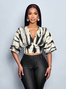 SOLERSUN Blusa de mujer con estampado floral, cuello en V profundo, mangas tipo murciélago y cintura fruncida - Negro - Ver 5