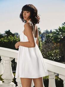 Easelle Beach Casual Minimalist Solid Color Spaghetti Strap Mini Dress - White - View 2