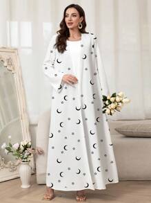 Al Najma Women Star & Moon Print Long Style Abaya Robe,Modest - White - View 6