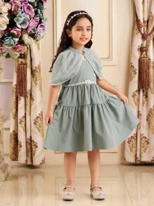 SHEIN 2pcs/Set Young Girl Gorgeous Princess Dress With Shiny Mesh Cape, Bow Waist Belt, Luxury High-End Summer Cover-Up