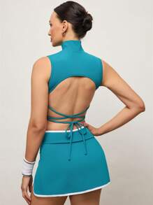 Activina Women Lace-Up Backless Stand Collar Cropped Tank Top & Contrast Trim Mini Skirt 2Pcs Activewear Set