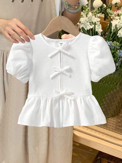 SHEIN LMoss Kids Young Girl Casual Loose Solid Color Round Neck Short Sleeve Pullover Top