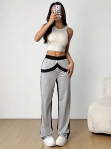 SHEIN Unity Women's Fashion Casual Black & Grey Patchwork Pants Fall Cloth For Women - Black - View 1