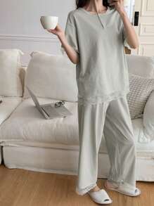 DAZY 2pcs Loose Striped Short Sleeve Pajama Set For Women - Light Grey - View 3