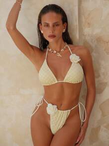 SHEIN Swim 2pcs Women Halter Flower Decor Sexy Bikini Set, Special Fabric For Summer Beach Vacation - Multicolor - View 3