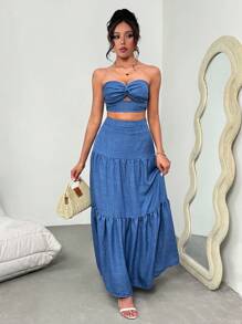 Rafferiza Set de 2 piezas Vestido de vacaciones para mujer con top bandeau azul elegante con twist y falda larga plisada, para primavera/verano - Azul - Ver 4