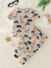 Baby Boy Casual Cute Dinosaur Print Tight Fitting Round Neck Comfortable Short Sleeve & Pants Pajama Set, Suitable For Spring & Summer - Multicolor - View 2