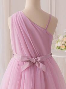 SHEIN Glamorique Kids Tween Girls Sleeveless Ruched Waist Long Dress, Elegant Design For Party, Wedding, Events