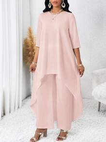 SHEIN Lady 2pcs/Set Plus Size Women Elegant Solid Color Asymmetric Three-Quarter Sleeve Blouse And Loose Pants Suit - Pink - View 3