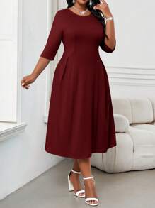 SHEIN Lady Spring And Summer Autumn And Winter Elegant Commuting Office Baby Blue Knitted Round Neck Flared Ruched Ruched Three Quarter Length Sleeve Plus Size Dresses Elegant Women Dresses Classy Outfits - Burgundy - View 3
