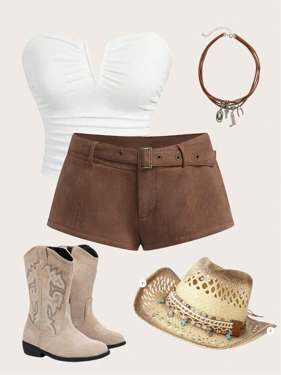 SHEIN EZwear 女士西部装铆钉仿麂皮超短裤（配腰带），音乐节 - 棕色 - 查看 1
