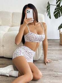 Muchica 2 Pieces Set - Ditsy Floral Camisole Tank Top & Shorts For Women - Violet Purple - View 1