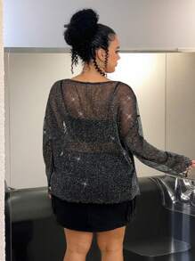 SHEIN EZwear 大码女式音乐节闪光字母印花宽松上衣 - 黑色 - 查看 2