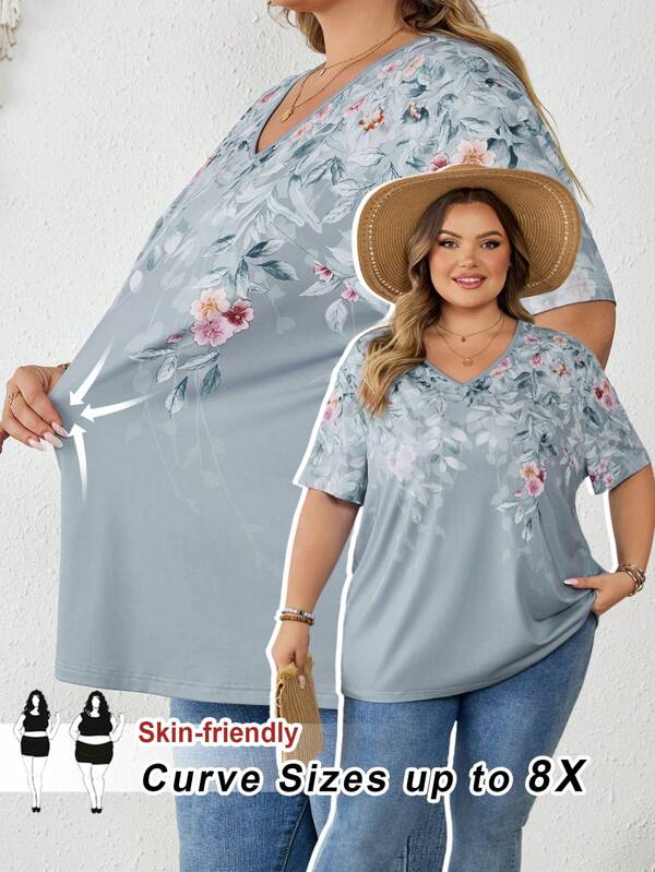 SHEIN CURVE+ Tricou Casual de vară, cu decolteu în V, cu mâneci scurte, cu imprimeu de mărime mare, pentru femei Boho Vacation
