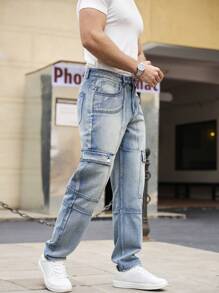 Manfinity Homme Men's Casual Washed Blue Slim Fit Cargo Jeans - Light Wash - View 5