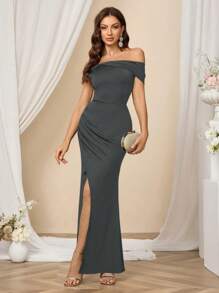 SHEIN Belle Women Solid Color Off-Shoulder Split Hem Elegant Party Dress, Women Elegant Dress, Evening Gown, Wedding Guest Dress, For Cocktail