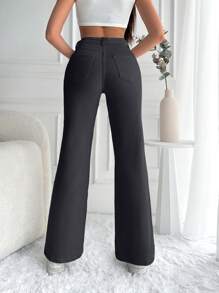 Cottnline Casual Solid Flare Leg Jeans - Black - View 2