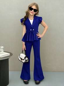 SHEIN Leap Crew Tween Girls 3 Pieces Set: Casual Commuting Crop Jacket With Cap Sleeves, Camisole, And Flared Leg Pants - Blue - View 1