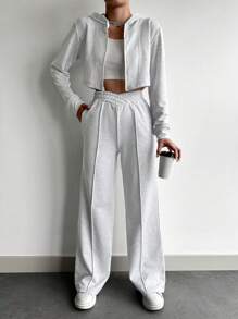 EURMUSE Cotton Solid Color Crop Hooded Top & Long Pants Two Pieces Set - Grey - View 6