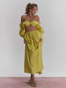 MUSERA 露肩蕾丝边饰文胸，长泡泡袖上衣，精致田园度假海滩伊比沙岛可爱优雅节日嘉年华春夏 - 黃色 - 查看 5