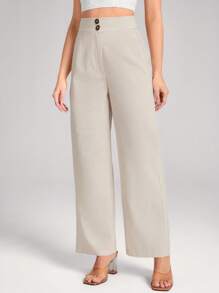 SHEIN LUNE 女式高腰半开亚麻棉混纺休闲度假优雅直筒裤 - 杏色 - 查看 5